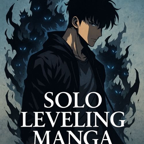 Illustrated cover of Solo Leveling Manga featuring the male protagonist surrounded by shadowy figures with glowing eyes, set against a dramatic blue-gray background.